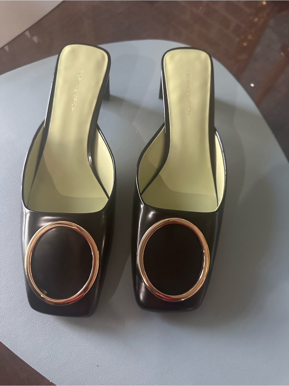 Tory Burch Black Leather Slide Mules with Gold Round Emblem